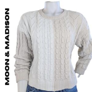 Moon & Madison Sweater Large White Beige Cable Knit Colorblock Chenille Vanillla